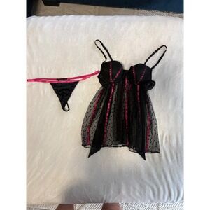 Victorias Secret Sexy Little Things Babydoll Thong Set Black Pink Polka Dot 34B